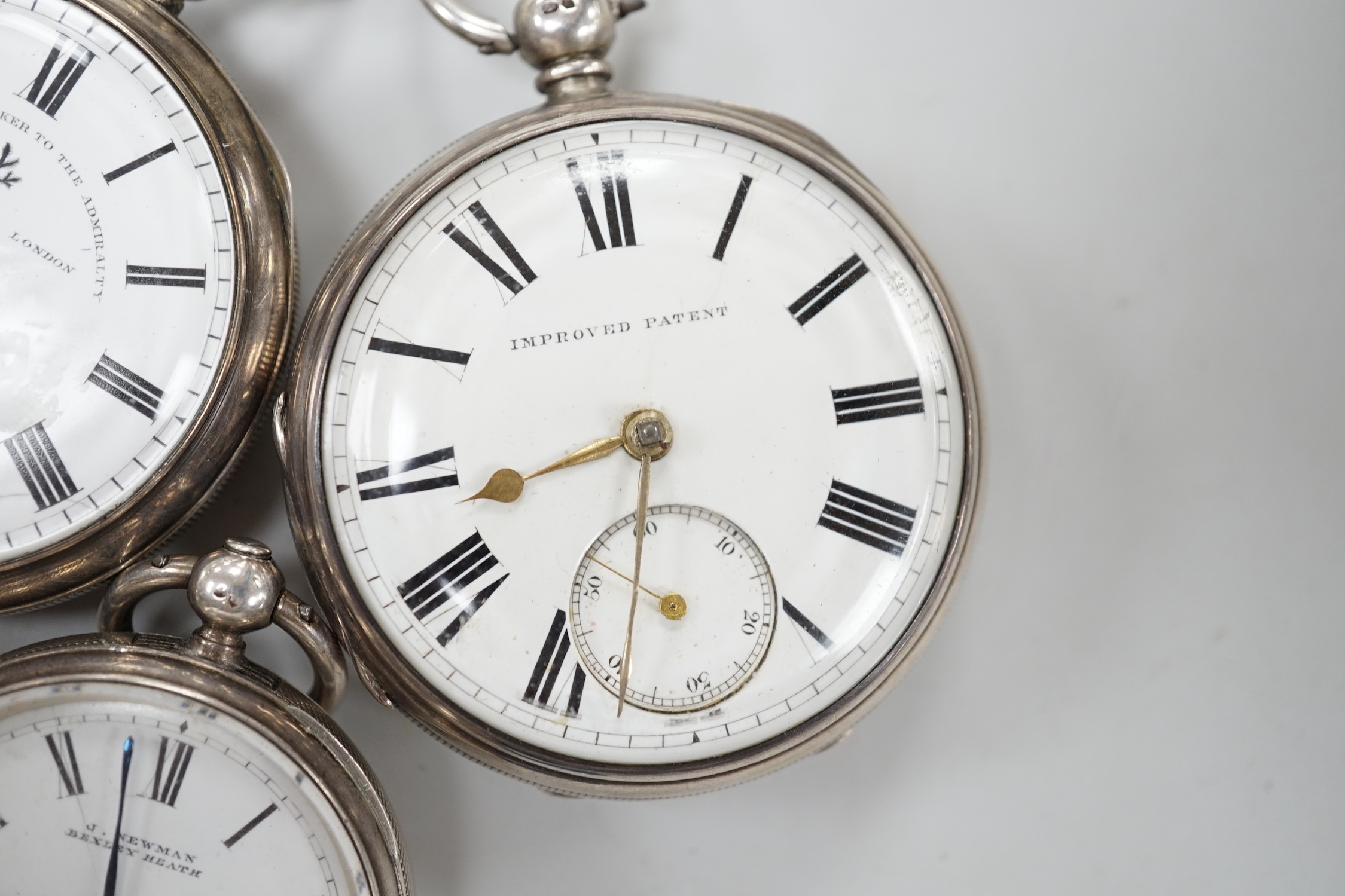 Nine assorted silver or white metal pocket watches including Joseph Stromier and John Forrest.